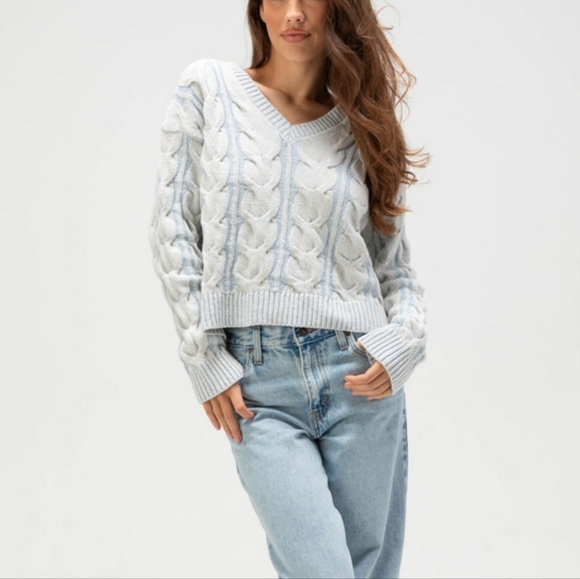 Free People Sweaters - Free People Washed Cable V Neck Sweater Vintage Sky Blue Sz Small